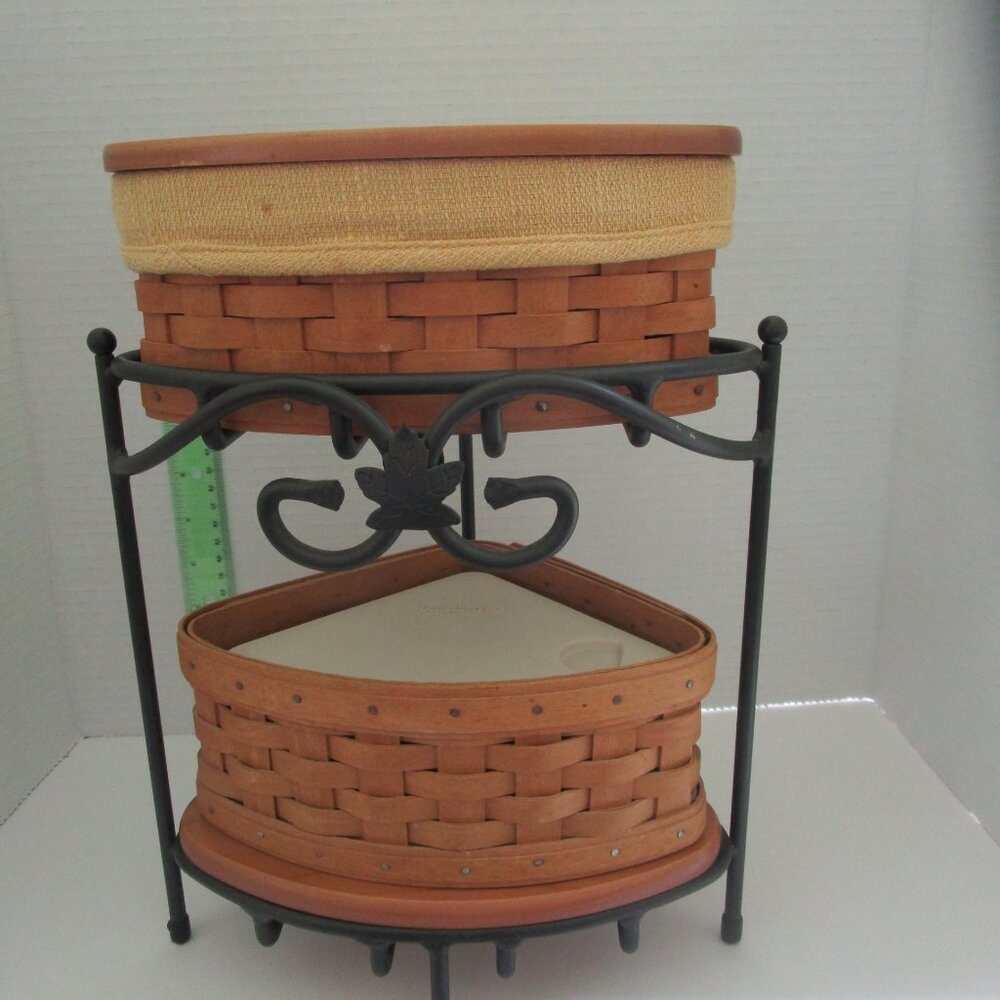 Longaberger Wrought Iron Wood Shelf Countertop Corner Stand & Baskets Set
